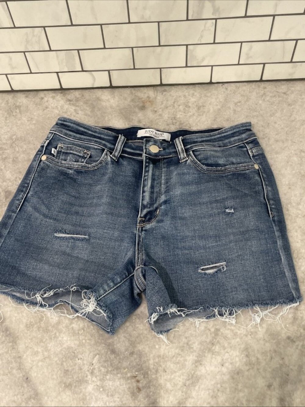 Judy Blue Shorts Womens Large Blue Jean Denim Raw Hem Stretch Cowgirl Cut Offs